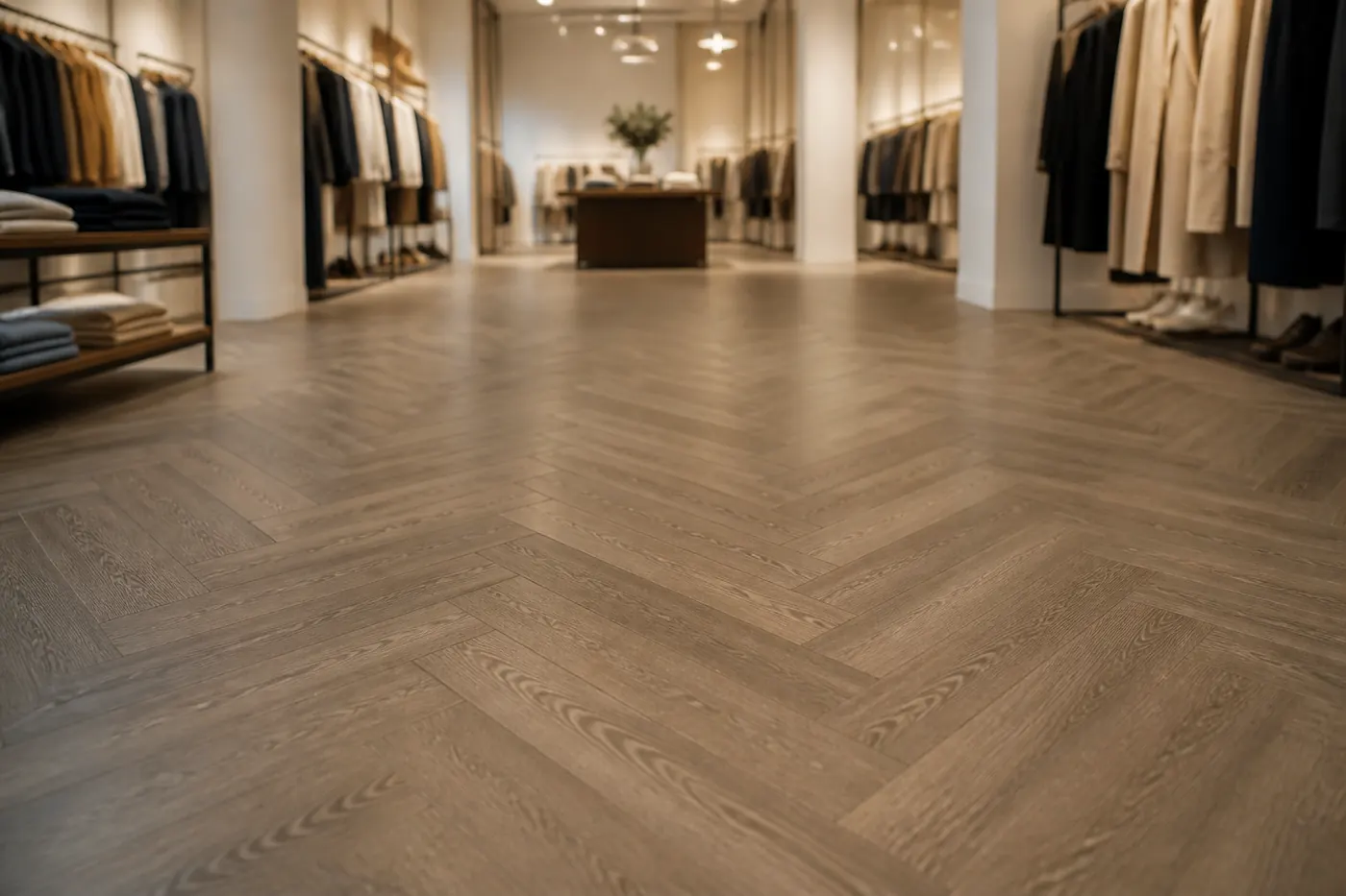 Herringbone glue-down LVT flooring in a kitchen