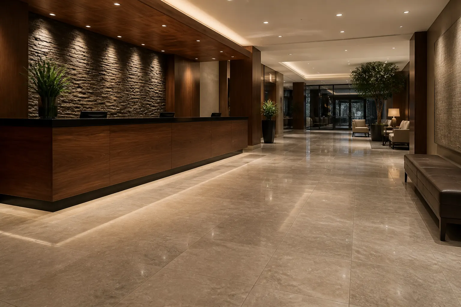 Large-format commercial tile flooring in a hotel-style lobby