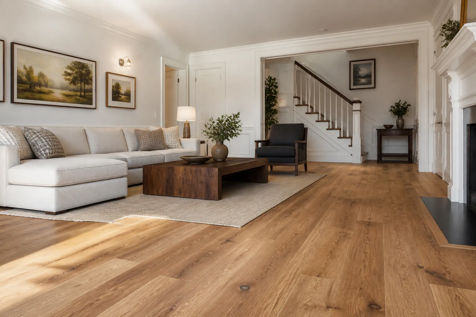 Luxury residential hardwood flooring in an open Somerville living room