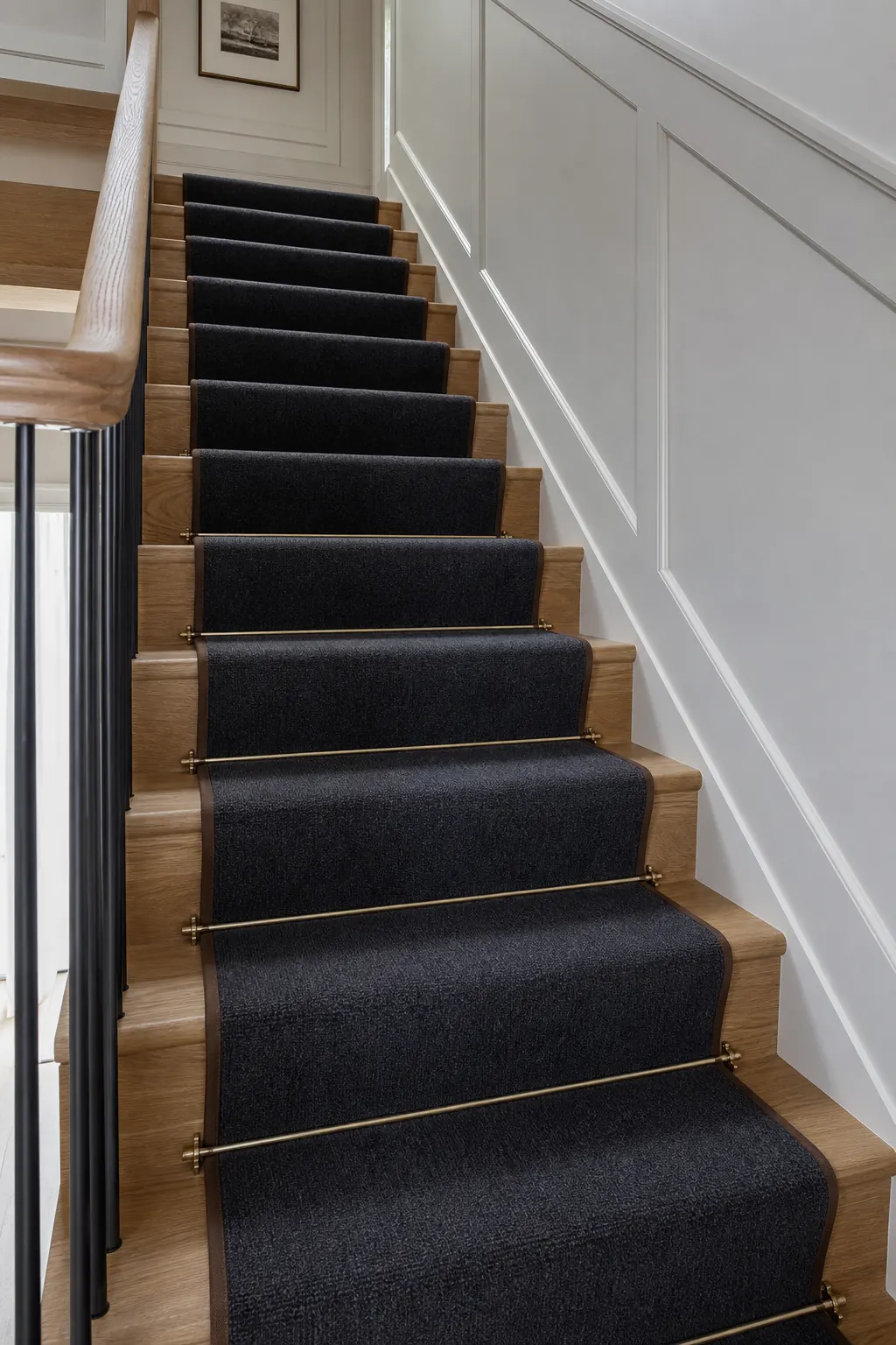 Professional stair runner installed on an oak staircase