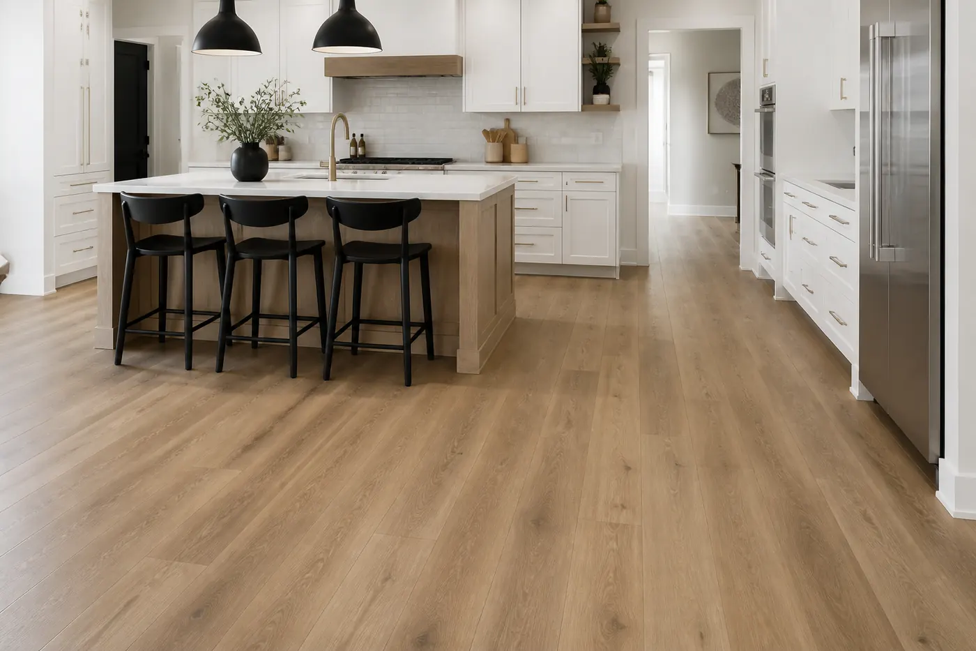 Modern luxury vinyl plank flooring in a residential kitchen