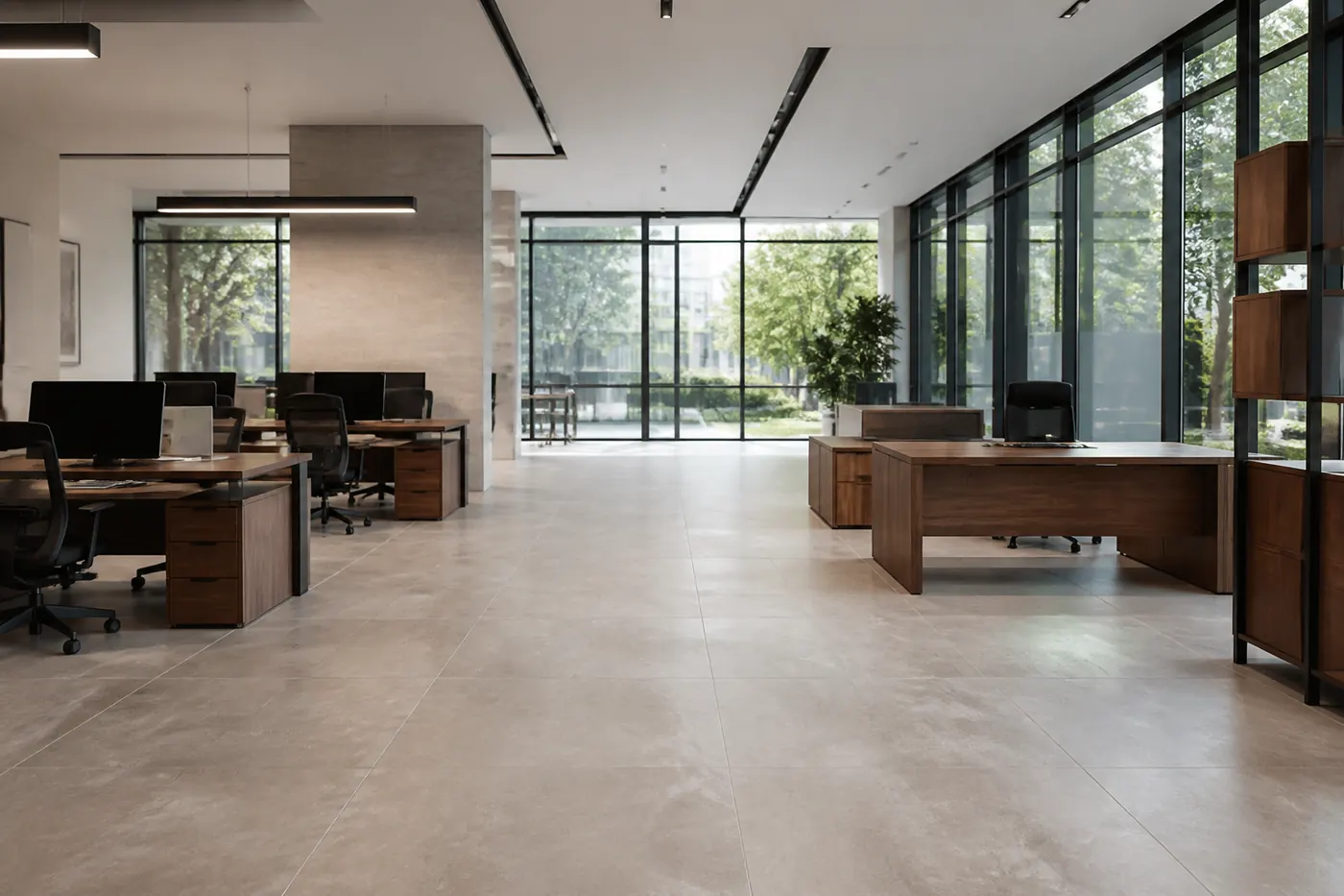 Premium wood-look flooring in a modern commercial office