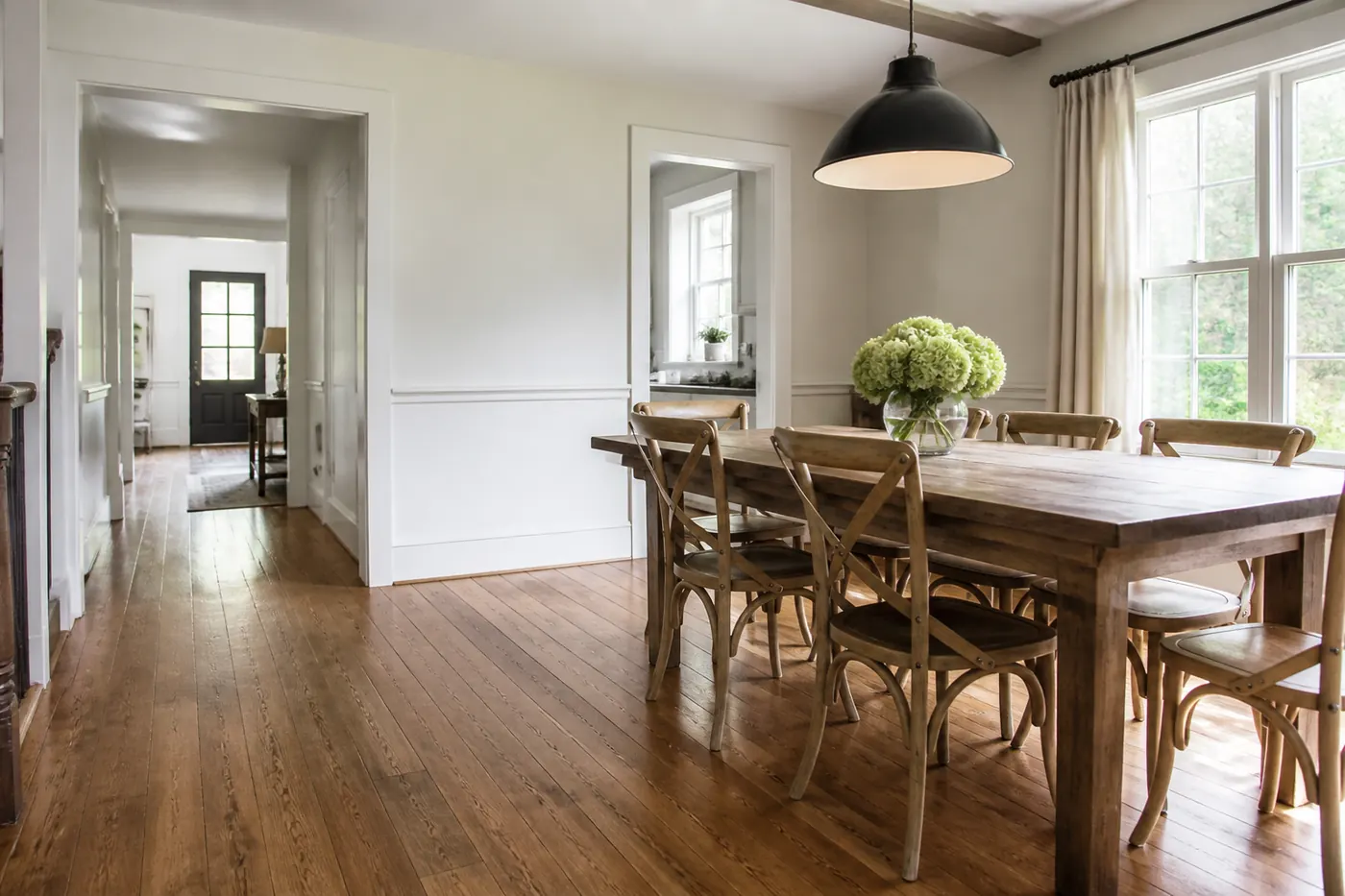 Natural oak hardwood flooring in a dining room