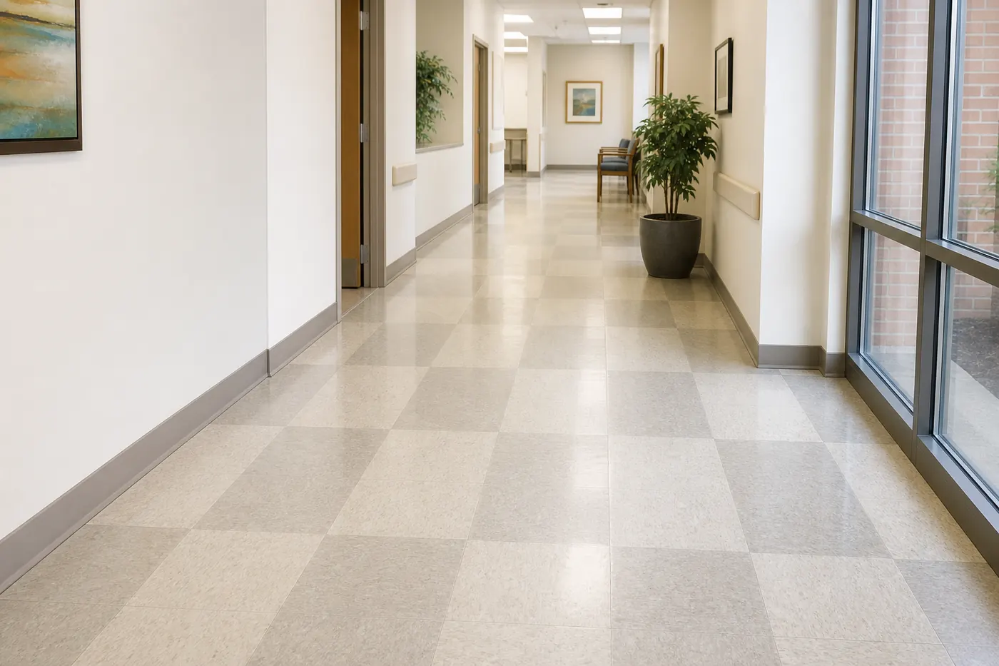 VCT flooring in a professional medical office corridor