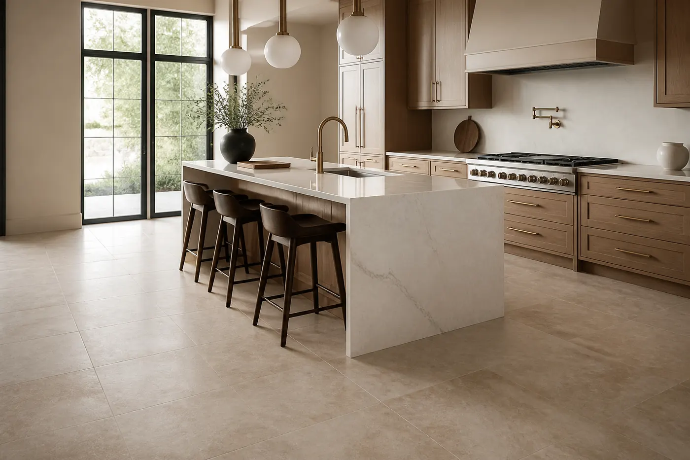 Warm stone porcelain tile flooring in a luxury kitchen